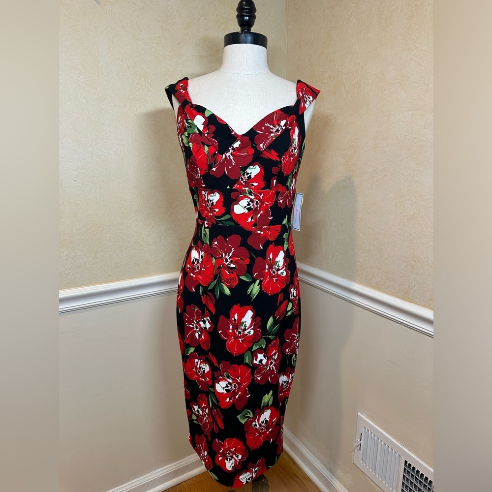 Premier Amour Red Black Floral Print Off-shoulder Stretch Women's Dress